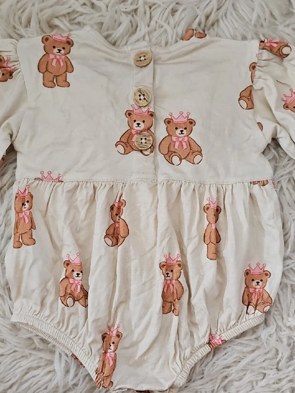 Larkspur Long Sleeve Bubble Romper In Princess Bear Print (Birthday Girl Outfit)
